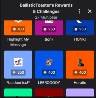 Meme Redeem Channel Commands with buttons for Bonk, Honk, Horatio, Leeroy, and the ba-dum-tss scenes.