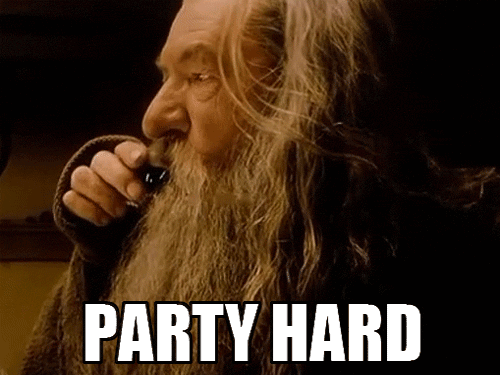 Gandalf getting crunk with “PARTY HARD” flashing on the bottom.