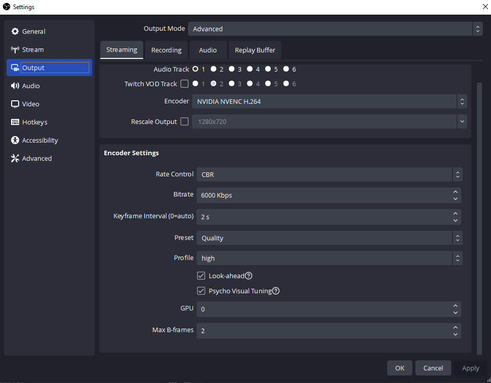 OBS Settings Window showing the Output Settings