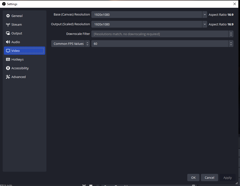 Video Output settings in OBS