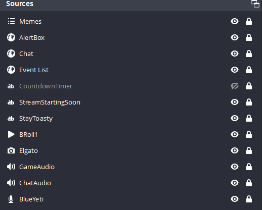 OBS Source Hierarchy with &ldquo;Memes&rdquo; at the very top.