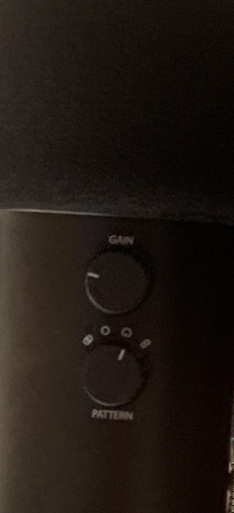 Blue Yetti with the Gain Dial set to 9 o clock and the pattern set to Cardioid mode.