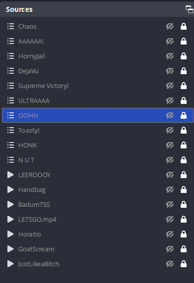 OBS Source Hierarchy for Memes scene with &ldquo;OOHH&rdquo; scene hightlighted.