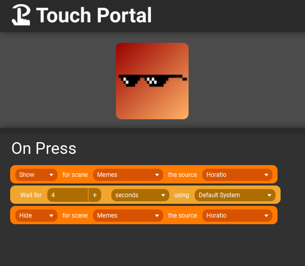 Touch Portal Settings for how to set Horatio up, to show the scene for four seconds before hiding it.