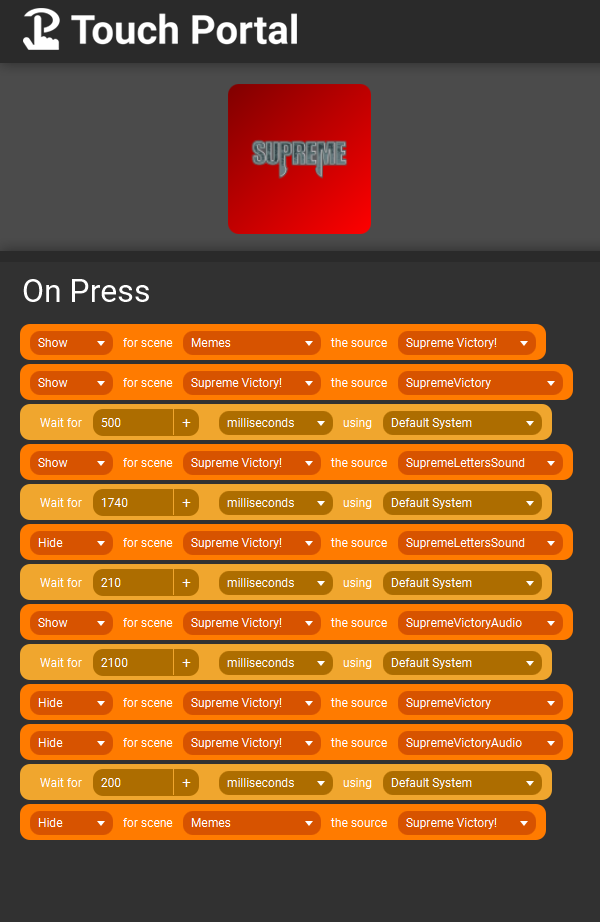 Touch Portal events for Supreme Victory meme button.