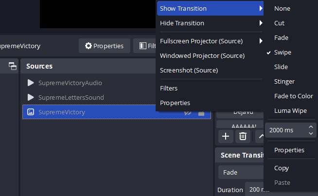 Show Transition highlighted with 2000ms selected for a swipe transition for the SupremeVictory image source,