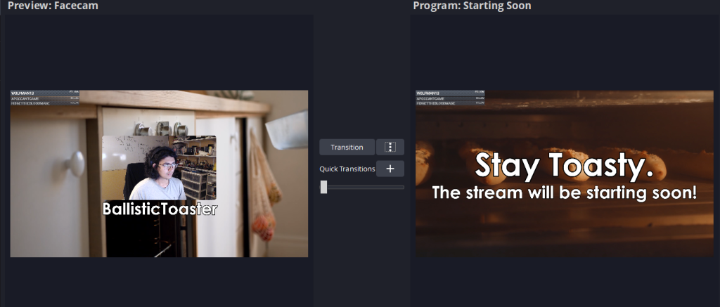 Studio Mode in OBS being used with the preview scene on the right (facecam) and the live scene on the right (starting soon)