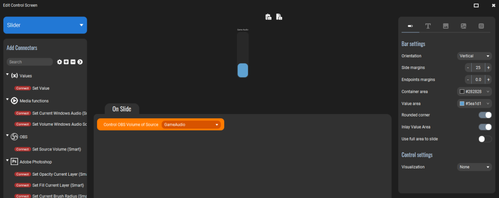 Touch Portal settings for the Slider controlling the Game Audio