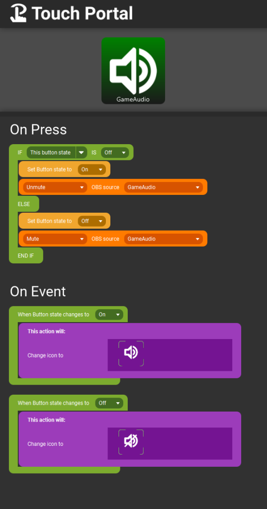 Touch Portal Press Events for the Mute Button of the GameAudio source.