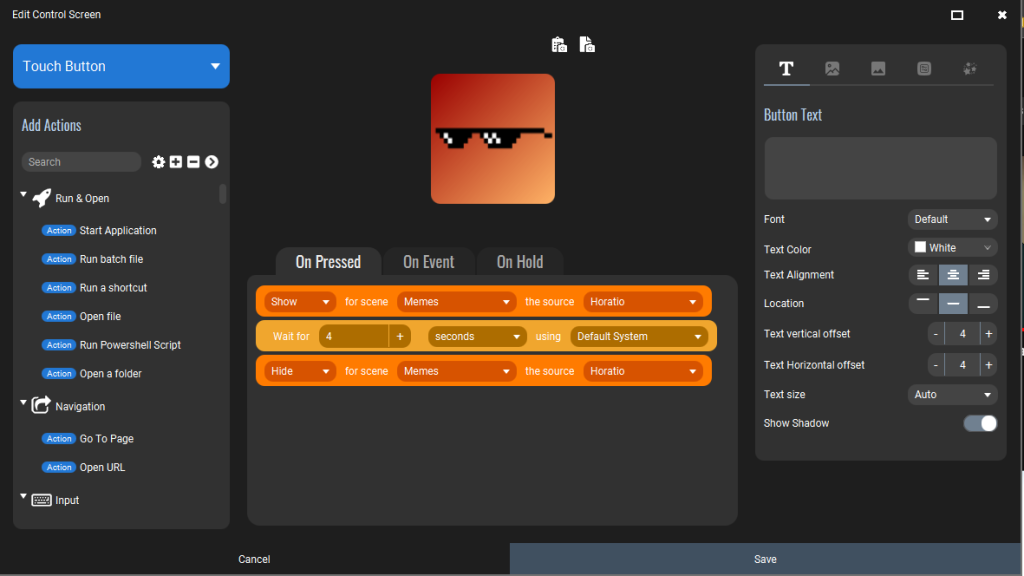 Touch Portal Edit Control screen showing how the horatio scene is made.