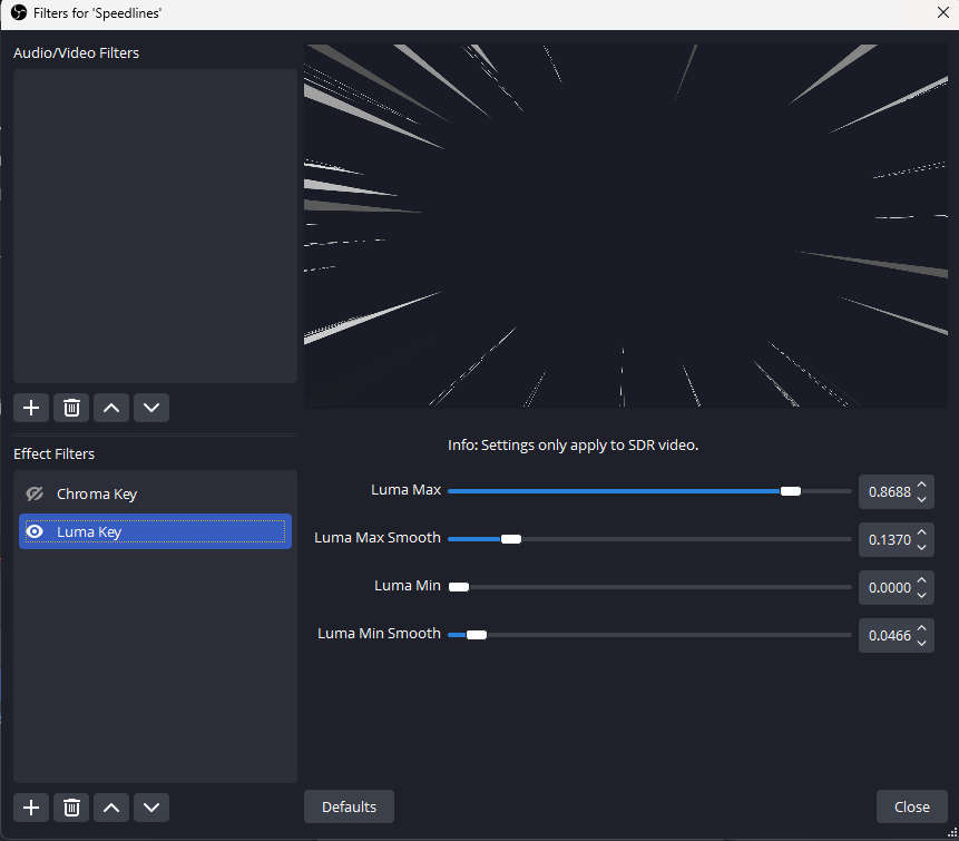 OBS Filters for the Speedlines source showing the Luma key properties.