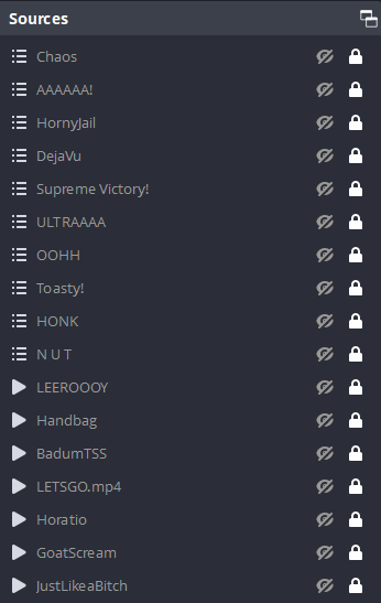 OBS Source Hierarchy for the Memes scene containing different scenes and media sources.